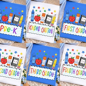 May include: A collection of six t-shirts in blue and white, each featuring a graphic of a smiling crayon, apple, glue stick, notebook, and pencil above a lined paper banner with the text Pre-K, Kindergarten, First, Second, Third, or Fourth Grade.
