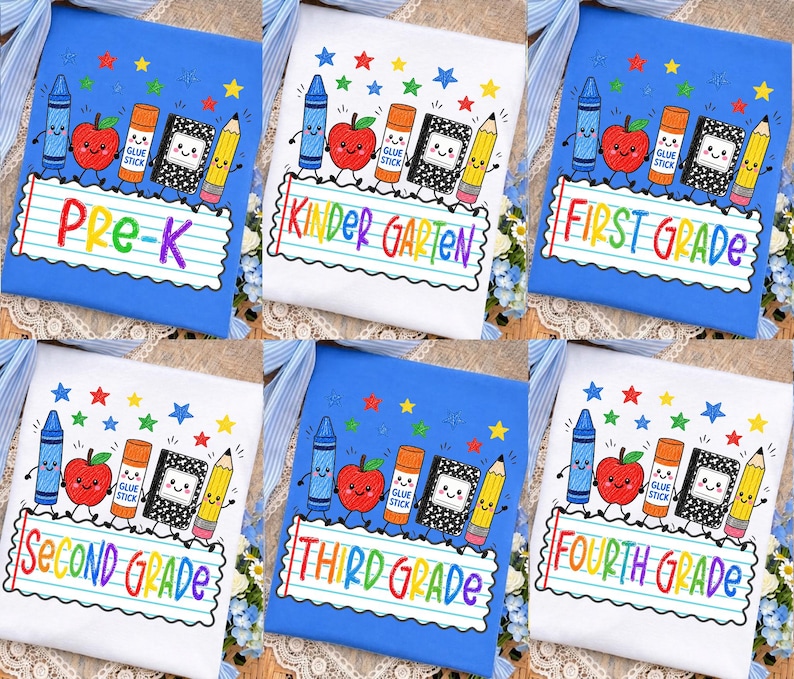 May include: A collection of six t-shirts in blue and white, each featuring a graphic of a smiling crayon, apple, glue stick, notebook, and pencil above a lined paper banner with the text Pre-K, Kindergarten, First, Second, Third, or Fourth Grade.