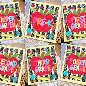 May include: A set of six school-themed cards. Each card features a red apple with a grade level label: Kindergarten, Pre-K, First Grade, Second Grade, Third Grade, and Fourth Grade. The cards have a yellow background with school-related illustrations.
