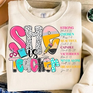 She is Teacher Png, Teach Love Inspire Png, Christian Teacher Png, Bible Verses Png, Teacher Floral Mothers Day Gift, Teacher Pencil Bow Png