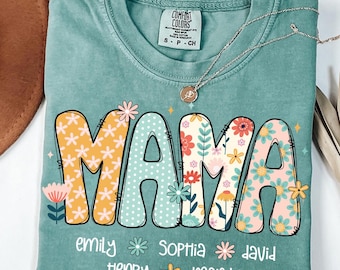 Preppy Mama Floral Glitter Png, Retro Boho Floral Mama with kids names Png, Everyday Png, Custom Preppy Mama Design, Mothers Day Png