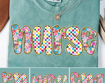 Preppy Nurse Floral Glitter Png Bundle, Boho Floral Nicu/ Rn/ CNA Png, Everyday Png, Custom Preppy Nurse Design, Checkered Sublimation