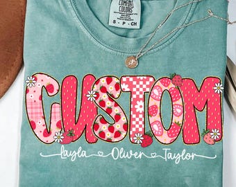 Preppy Custom Strawberry Glitter Png, Cute Strawberry Floral Mama with kids names Png, Everyday Png, Custom Preppy Mama, Checkered Design
