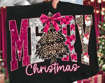 Coquette Merry Christmas png, Checkered Star Leopard Letters Christmas png, Faux Glitter Png, Christmas Tree Png, Xmas Holiday PNG, Disco
