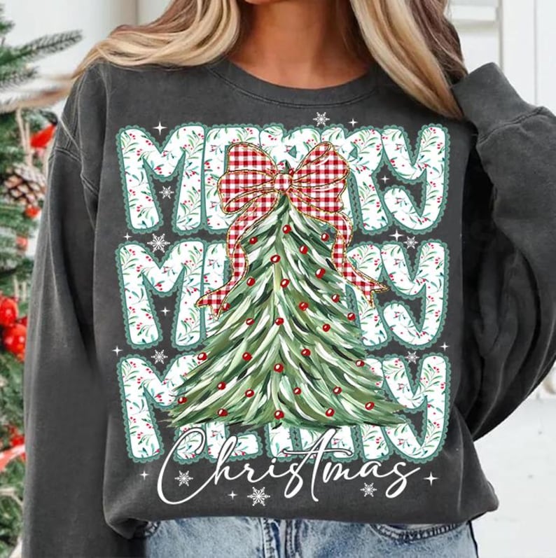Coquette blommig god jul png, preppy julrosett png, rutig röd pläd png, julgran, konstglitter, Coquette rosett png bild 6
