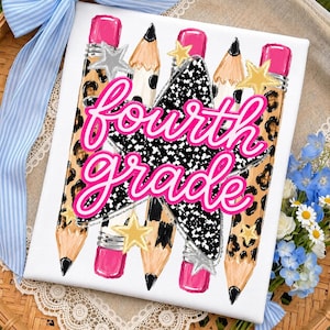May include: A white rectangular sign featuring the text fourth grade in bright pink script. The design includes illustrations of pencils with leopard print patterns, pink erasers, and gold and silver stars layered over a black and white star shape.