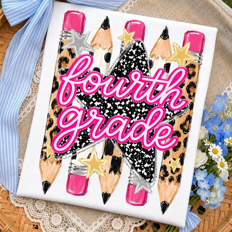 May include: A white rectangular sign featuring the text fourth grade in bright pink script. The design includes illustrations of pencils with leopard print patterns, pink erasers, and gold and silver stars layered over a black and white star shape.