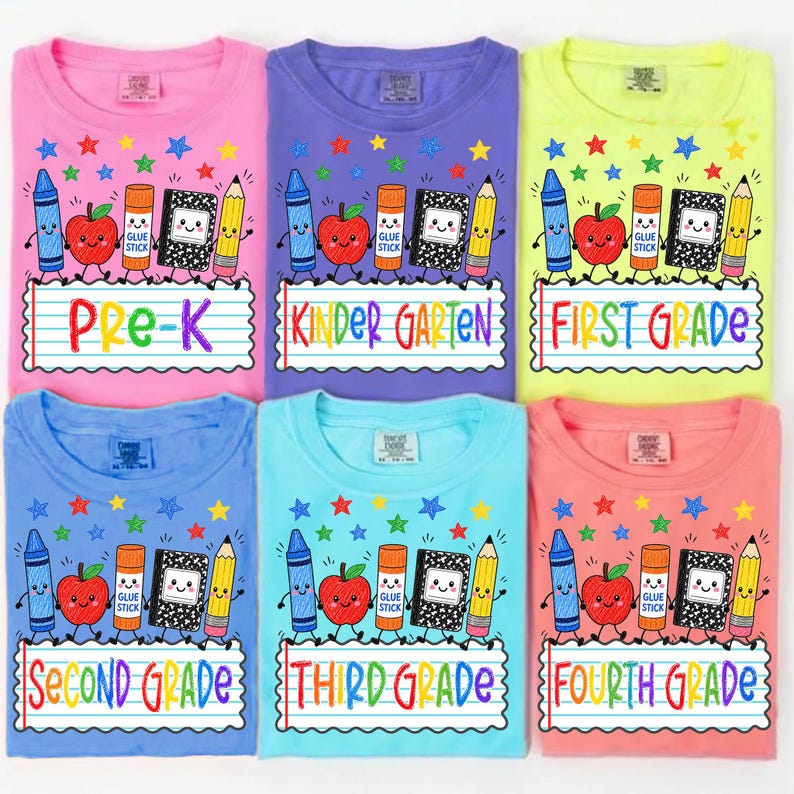 May include: Six t-shirts in pink, purple, neon yellow, blue, light blue, and coral, each featuring a graphic of a crayon, apple, glue stick, notebook, and pencil above lined paper text reading Pre-K, Kindergarten, First, Second, Third, and Fourth Grade.