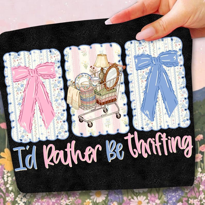 Puede incluir: Alfombra decorativa negra con tres im&aacute;genes enmarcadas. Las im&aacute;genes presentan un lazo rosa, un carrito de compras lleno de art&iacute;culos vintage y un lazo azul. El texto "I'd Rather Be Thrifting" est&aacute; escrito en la parte inferior.