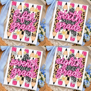 May include: Four square white signs featuring a central black and white speckled star surrounded by pencils with leopard print and pink erasers. Each sign displays text in bright pink cursive: fifth grade, sixth grade, seventh grade, and eighth grade.