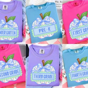 Op de afbeelding: Een collectie van zes T-shirts met ronde hals in lavendel, lichtblauw en felroze. Elk shirt heeft een centrale appelafbeelding met een blauwe strik, een groen blad en een geruit lint met de leerjaren van de kleuterschool tot de vierde klas.
