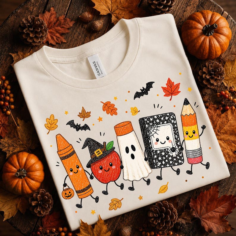 May include: A cream-colored t-shirt featuring a graphic print of five anthropomorphic school supplies and an apple dressed for Halloween. The characters include an orange crayon, a red apple with a witch hat, a white ghost, a black notebook, and a pencil.