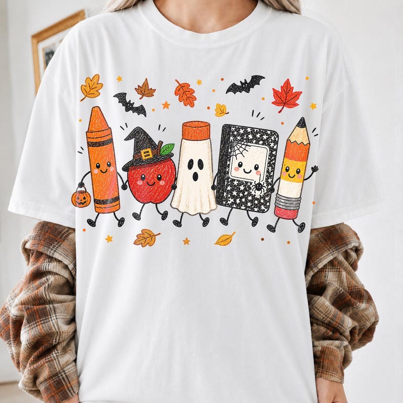 May include: A white t-shirt featuring a graphic print of five anthropomorphic school supplies including an orange crayon, a red apple wearing a witch hat, a white ghost, a black composition notebook, and a yellow pencil, surrounded by autumn leaves.