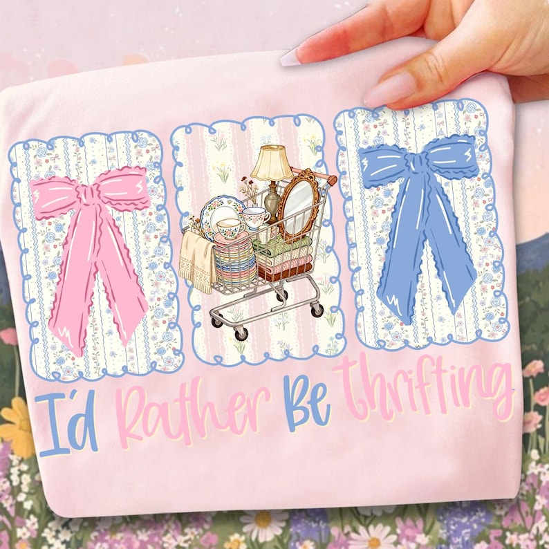Puede incluir: Camiseta rosa claro con la frase "I'd Rather Be Thrifting". El dise&ntilde;o incluye un lazo rosa, un lazo azul y un carrito de compras lleno de art&iacute;culos vintage, todo dentro de paneles decorativos.