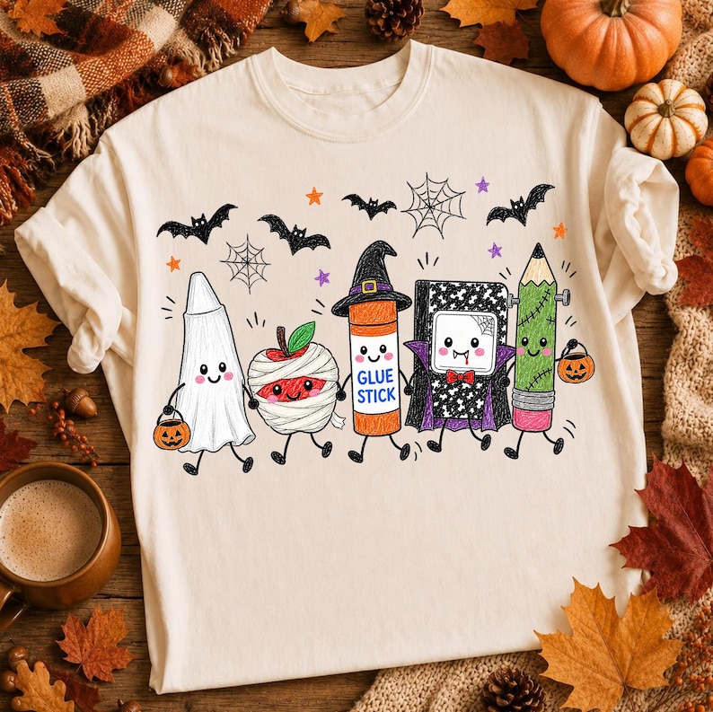 Pode incluir: Uma t-shirt cor de creme com um gr&aacute;fico colorido de cinco materiais escolares antropom&oacute;rficos vestidos para o Halloween: um fantasma, uma ma&ccedil;&atilde; m&uacute;mia, uma cola em bast&atilde;o de bruxa, um caderno vampiro e um l&aacute;pis Frankenstein, com morcegos.