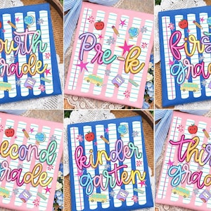 May include: A collection of rectangular signs featuring school-themed graphics on a lined paper background. Each sign displays a specific grade level in colorful script text, accompanied by illustrations of apples, pencils, globes, and buses.
