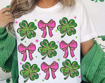 Coquette St Patricks Day Shamrock Sequins Glitter Png, St Pattys Day Png, Four Leaf Clover Sequin Bow, Patricks Day Design, Leopard