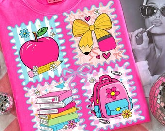 Preppy Back to School Floral Girly Png, Zaino scolastico, Libri, Fiocco matita Png, Coquette Primo giorno Disegnato a mano Insegnante Ragazza, Sublimazione