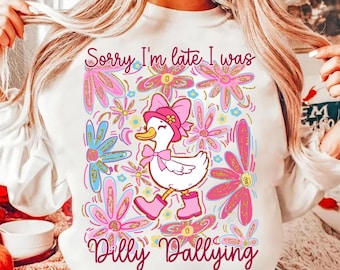 Pink Boho Floral Goose Png, Mama Goose Png, Spring Floral Glitter PNG, Sorry I'm late I was Dilly Dallying Girly PNG, Bow Duck, Goose Lover