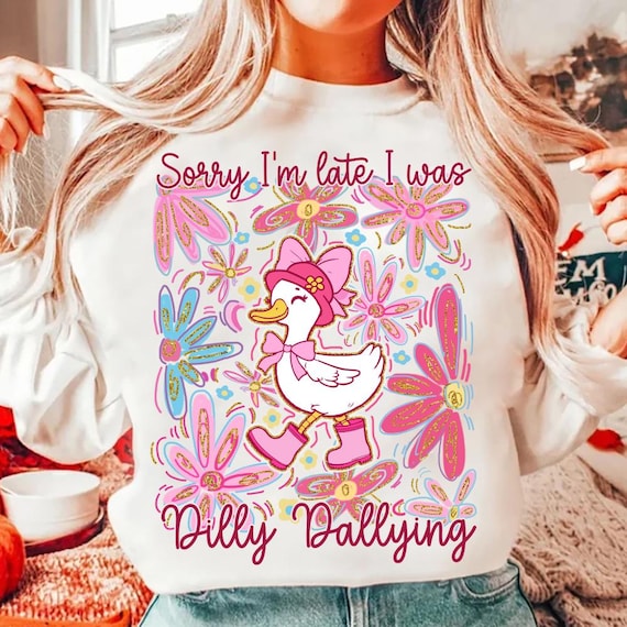 Pink Boho Floral Goose Png, Mama Goose Png, Spring Floral Glitter PNG, Sorry I'm late I was Dilly Dallying Girly PNG, Bow Duck, Goose Lover