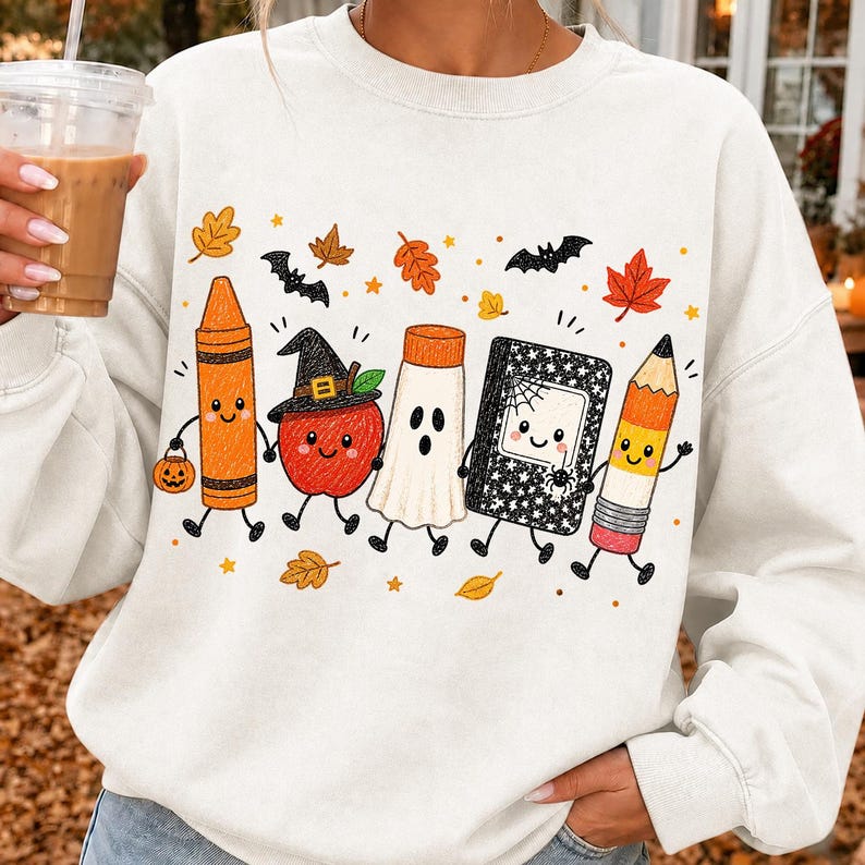 May include: A cream-colored crewneck sweatshirt featuring a graphic print of five anthropomorphic school supplies dressed for Halloween: an orange crayon, an apple with a witch hat, a ghost, a black notebook with a spiderweb, and a pencil.