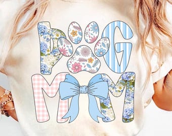 Preppy Dog Mom Floral png, Blue Floral, Stripes, Dog Mama Flower Png, Dog Lovers Gift, Mama Grandmillennial, Mothers Day png, Hand Lettered