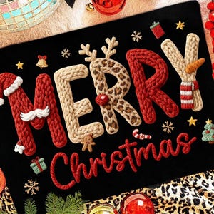 May include: A black rectangular Christmas-themed mat with the words "MERRY Christmas" in a knitted style. The letter "M" has a Santa hat and mustache, the letter "R" is red, and the letter "Y" is a snowman. The letter "E" has a reindeer design.