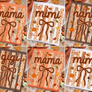May include: A collection of six rectangular fabric panels featuring vertical stripes with autumn-themed patterns including pumpkins, leaves, and pinecones. Each panel displays a brown script word such as mama, mimi, nana, or gigi above a brown bow graphic.