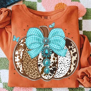 May include: Orange long-sleeve sweatshirt featuring a pumpkin design. The pumpkin has a turquoise gingham bow and turquoise gemstone accents. The pumpkin's sections have a leopard print, cowhide print, and a black and white spotted pattern. Two blue butterflies are also present.