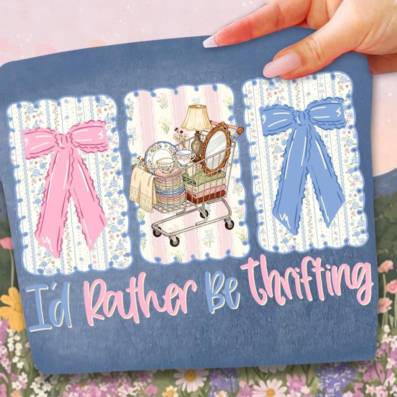 Puede incluir: Un dise&ntilde;o gr&aacute;fico azul con un lazo rosa, un carrito de compras lleno de art&iacute;culos vintage y un lazo azul. El texto "I'd Rather Be Thrifting" est&aacute; escrito en rosa y azul.