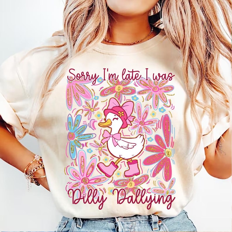 Rosa boho blommig gås png, mamma gås png, vårblommigt glitter png, ledsen att jag är sen, jag var Dilly Dallying Girly PNG, rosettanka, gåsälskare bild 2