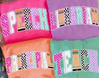 Retro School Occupation PNG Bundle, Back to School Teach Librarian Princial Speech, Preppy First Day of School Checkered Girly Png, Drawn