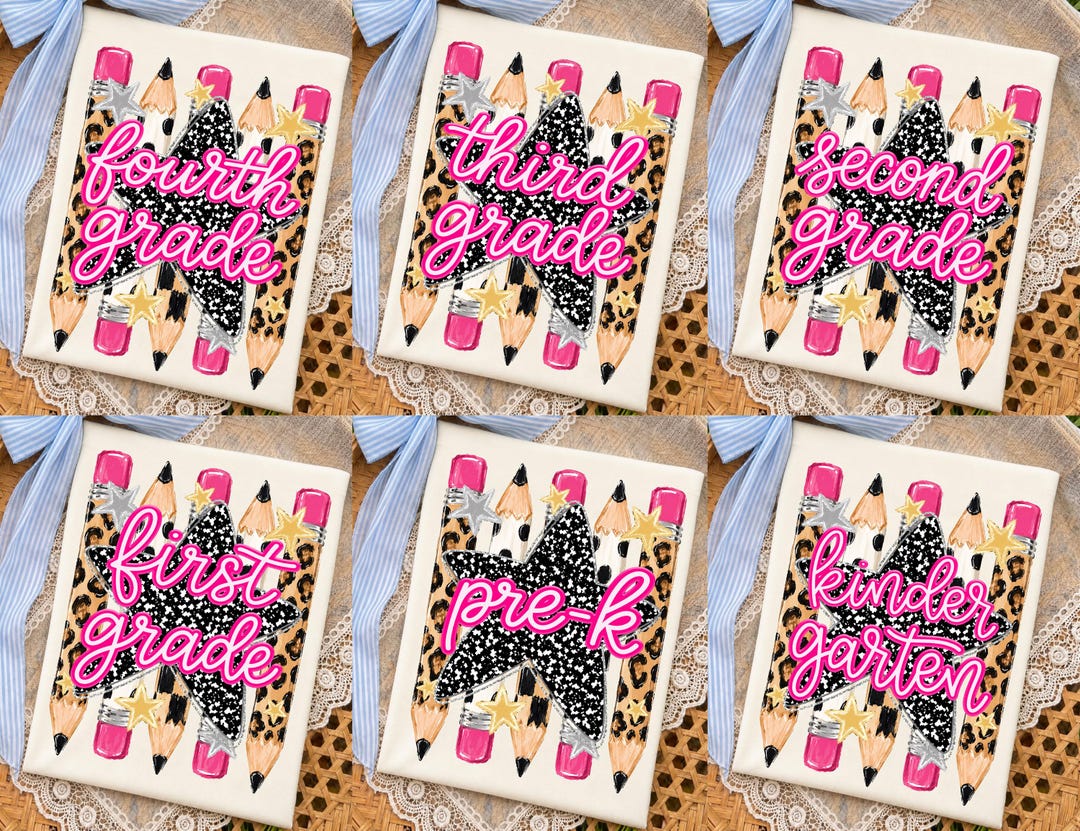 Preppy Back To School Pencil Png Bundle, Leopard Checkered Teacher PNG, Pre-K To Fourth Gr