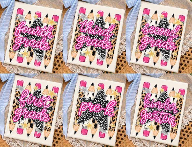 Preppy Back To School Pencil Png Bundle, Leopard Checkered Teacher PNG, Pre-K To Fourth Grade Design, School Girl Png, First Day Of School image 1
