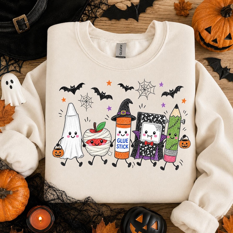 Pode incluir: Uma camisola de gola redonda cor de creme com um gr&aacute;fico colorido de cinco artigos escolares antropom&oacute;rficos vestidos com fatos de Halloween, incluindo um fantasma, uma ma&ccedil;&atilde; m&uacute;mia, uma cola em barra, um caderno vampiro e um l&aacute;pis.