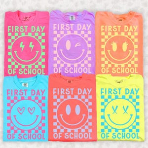 Neon Checkered First Day Of School Bundle Png, Smiley Png, Preppy Back To School Png, Sublimation, Neon School Png, Retro Teacher Png