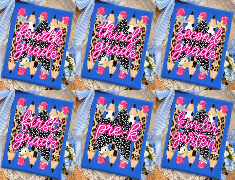 Preppy Back To School Pencil Png Bundle, Leopard Checkered Teacher PNG, Pre-K To Fourth Grade Design, School Girl Png, First Day Of School image 11