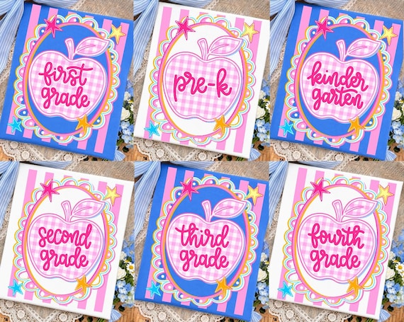 Preppy Teacher Apple Png Bundle, Pink Gingham Stripes PNG, Pre-K To Fourth Grade Design, Back To School Png, First Day Of School Png