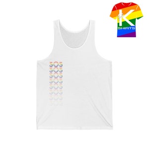 May include: White tank top with a rainbow design on the left side. The design is made up of multiple circles with a rainbow gradient. The circles are stacked vertically and fade into each other.