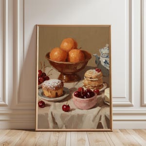 Stampa artistica di ciliegie e arance – Decorazione murale di dessert, illustrazione di cibo stravagante, decorazione da cucina, poster di panetteria, opera d'arte di dolciumi
