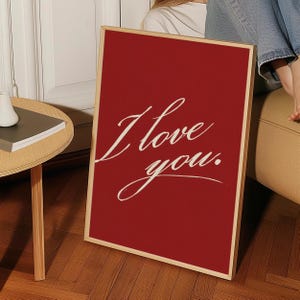 Lámina de arte de pared "Te amo": póster con cita caligráfica romántica, decoración de amor en rojo y crema, regalo de aniversario para él y ella