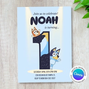 1r carte d'anniversaire de Bluey | TÉLÉCHARGEMENT NUMÉRIQUE Modèle modifiable Canva, modèle minimaliste de fête de chien