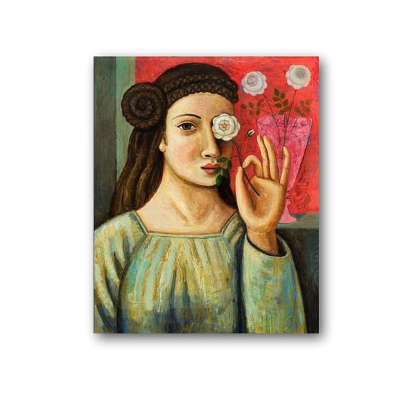 Girl with White Rose and Red background