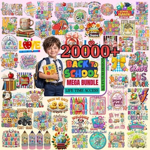 Paquete de más de 20000 imágenes PNG para la vuelta al cole, conjuntos PNG para preescolar, primer día de clase, sublimación para colegio estilo preppy, preescolar de 1.º a 4.º de primaria, imágenes PNG para colegio en formato de tira