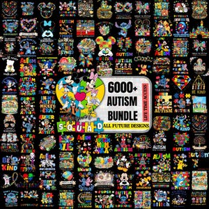 May include: A collection of colorful graphic designs with autism awareness themes. The designs feature characters like Mickey Mouse, Stitch, and puzzle pieces, with text that reads "Autism Bundle" and "Support Squad".