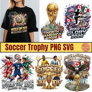 May include: A black t-shirt featuring a World Cup 2026 graphic with a soccer ball and flags, alongside various digital designs including a gold trophy, soccer players, an eagle, a moose, a jaguar, and text reading World Cup 2026 Unstoppable Goals.