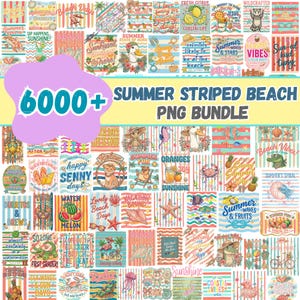 Puede incluir: Una colección digital de más de 6000 archivos PNG con temática veraniega que presenta fondos a rayas coloridos, motivos de playa, frutas tropicales, criaturas marinas y varios diseños de texto inspiradores en una cuadrícula.
