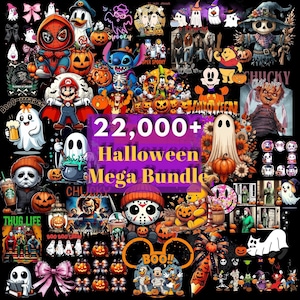 May include: A digital collection of Halloween-themed graphics featuring various cartoon characters, ghosts, pumpkins, and horror icons. The central text reads 22,000+ Halloween Mega Bundle, surrounded by numerous illustrations on a black background.