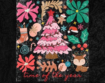 Boho bloemenkerst png, roze kerst handgetekende png, boho kerstsublimatie, kerstmis png, girly kerstboom png