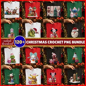 May include: A selection of Christmas-themed t-shirts in various colours, each with a different cartoon character or festive design. The shirts are held up by hands, displaying the designs. The text "120+ CHRISTMAS CROCHET PNG BUNDLE" is visible.
